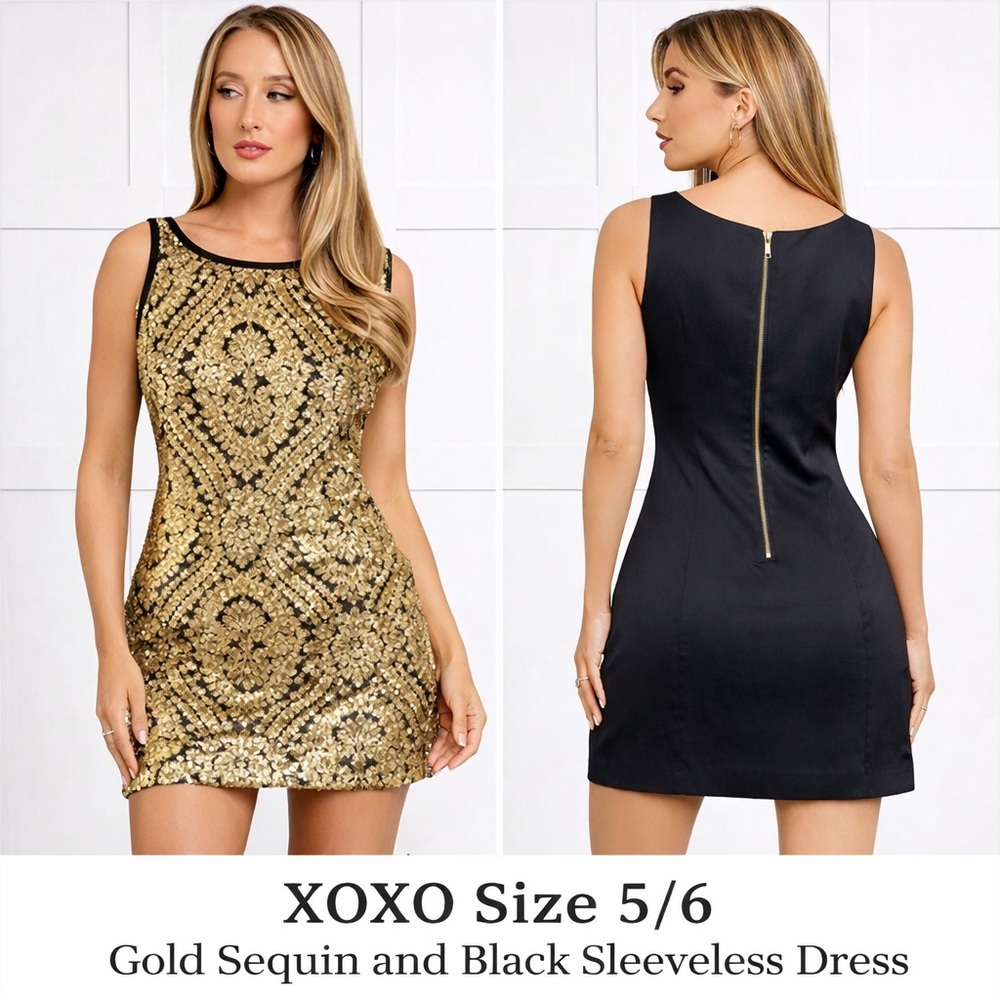 XOXO Gold Sequin Mini Dress Size 5/6 Black & Gold Party Cocktail Dress Stretch